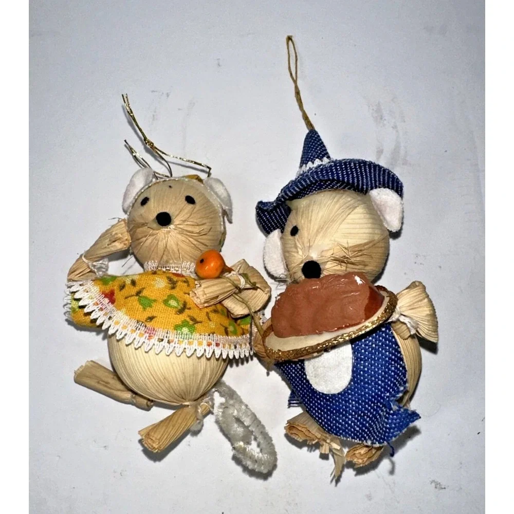Set Of‎ 2 Vintage Kurt Adler Style Christmas Ornaments Corn Husk Mouse -Pilgrim